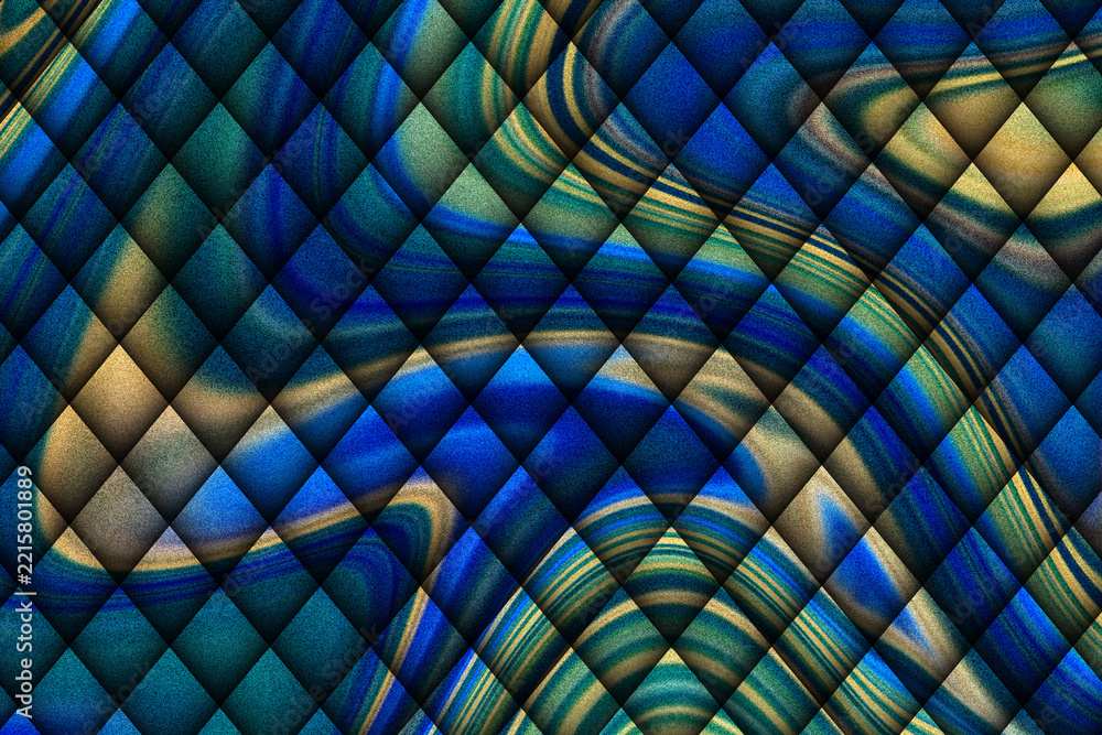Naklejka premium Luxury 3D deep blue and gold quilted texture with abstract dark geometric diamond pattern and peacock marble background