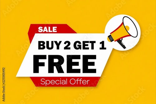 Bright sale banner advertising buy 2 get 1 free special offer with megaphone