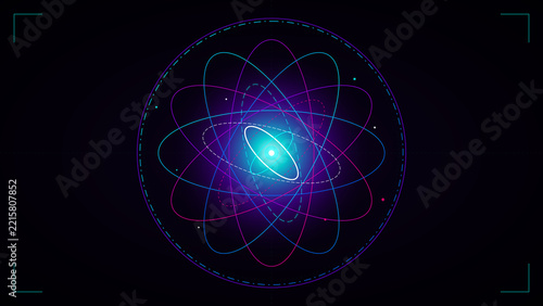 Abstract atom nucleus with orbiting electrons in neon light against dark background concept digital