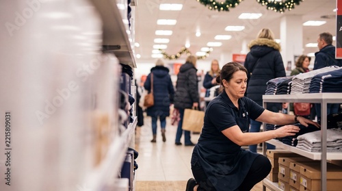 Retail Worker Restocking Merchandise During Busy Black Friday Sale And Holiday Shopping Shift