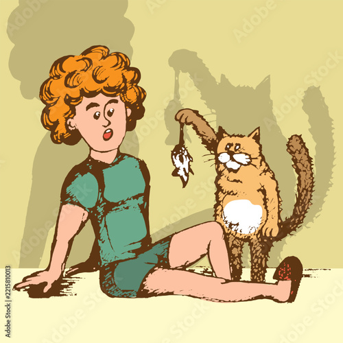 Sneaky cat shows its owner a caught mouse. Multicolor sketch, outline, or drawing. Vector illustration