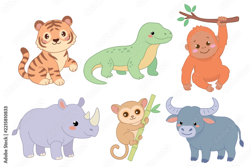Fototapeta premium Cute set of Indonesian animals including tiger, monitor lizard, orangutan, rhino, tarsier and buffalo