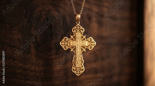 Ornate gold Christian cross pendant on dark wood. Jesus Christ and Catholic faith symbol. Religious jewelry and devotional accessory. Christianity, worship and personal belief.