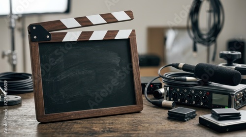 Wooden film slate board with audio recording equipment on a table. Filmmaking and media production concept