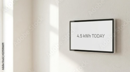 Digital display showing energy usage in kilowatt hours on a white wall. Smart home technology concept
