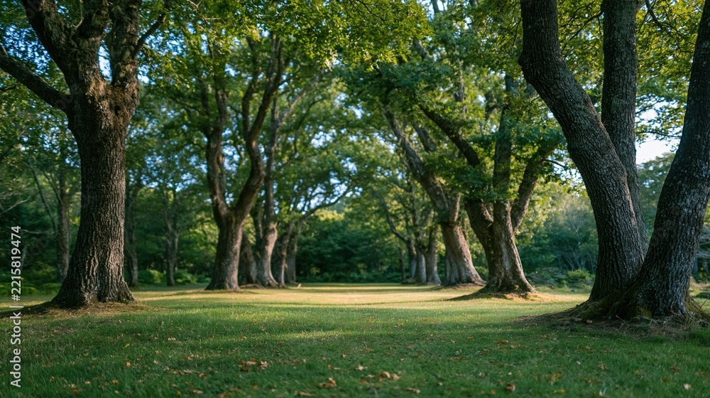 Obraz premium Forest pathway with a lush green canopy of twisted trees and a golden grassy walk, creating a tranquil atmosphere for nature and ecology themes