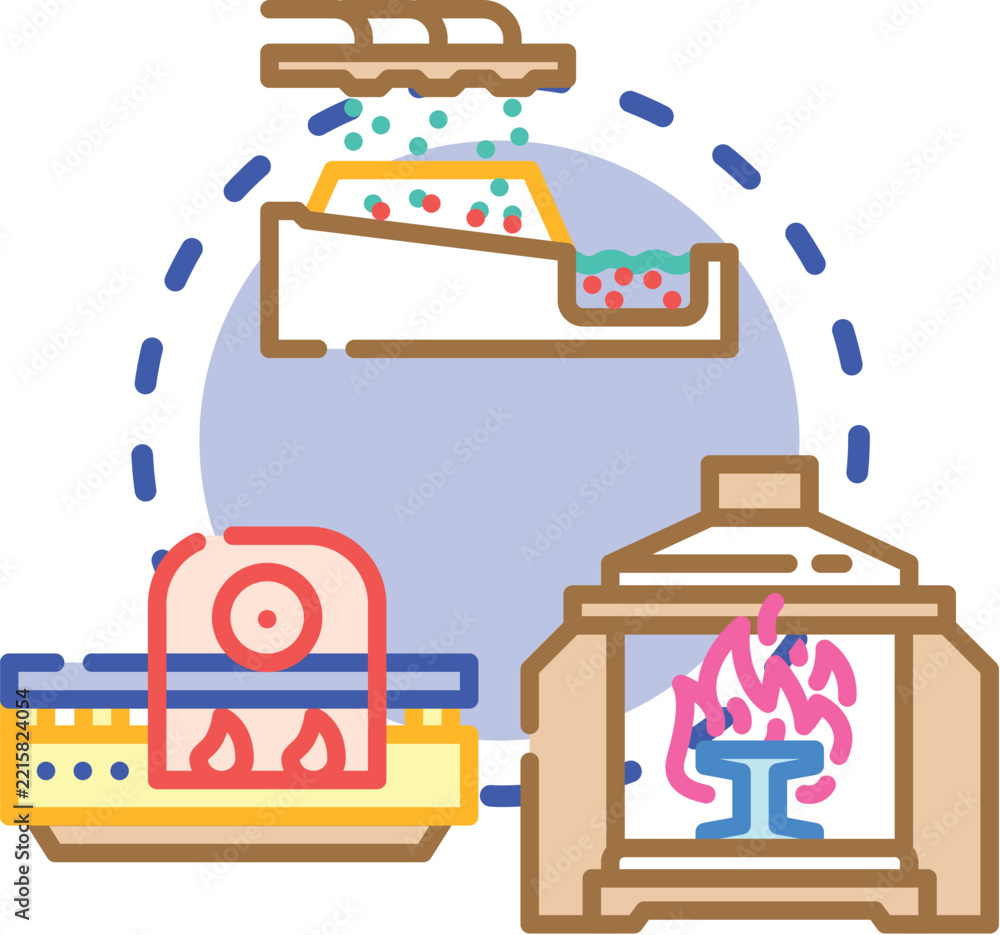 Fototapeta premium Metallurgy process showing ore extraction, smelting from raw materials, and mining industry production of metal products in an abstract icon visual