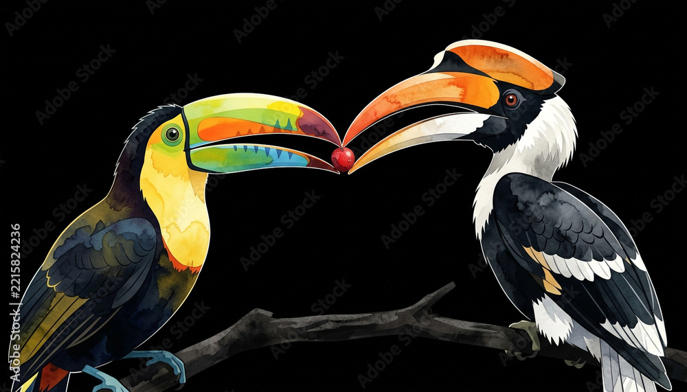 Fototapeta premium Vibrant toucan and hornbill perched on a branch sharing a red berry, isolated on a black background