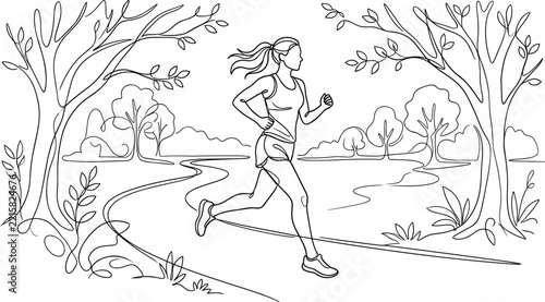 Woman running on a park path during daytime with trees and foliage in a continuous line drawing style