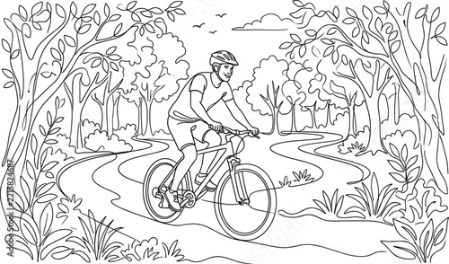 Man riding mountain bike on winding forest path during daytime with lush trees and foliage