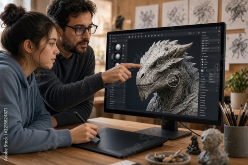 Dynamic teamwork reveals intricate dragon design on digital canvas, showcasing