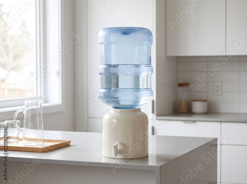Modern ceramic water dispenser with a 5 gallon jug placed on a clean white kitchen countertop at home