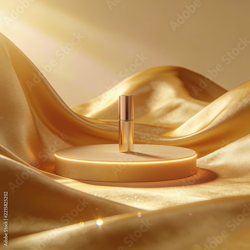 Small golden cosmetic bottle on a display podium with flowing silk
