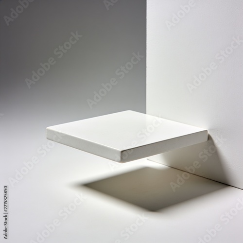 Minimalist white floating shelf mounted on a plain wall casting shadow
