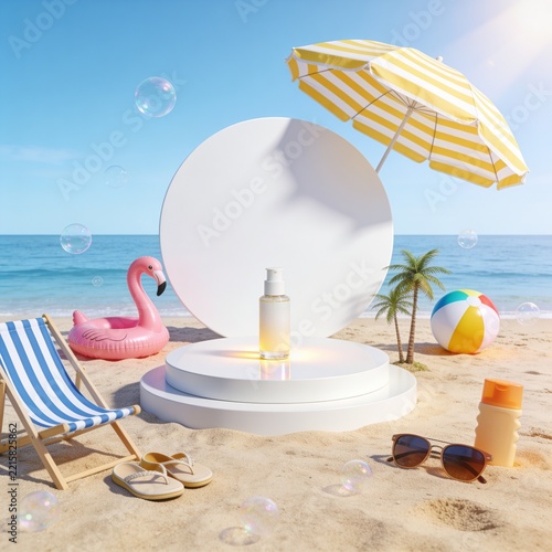 Sunscreen bottle on white podium at beach with summer accessories