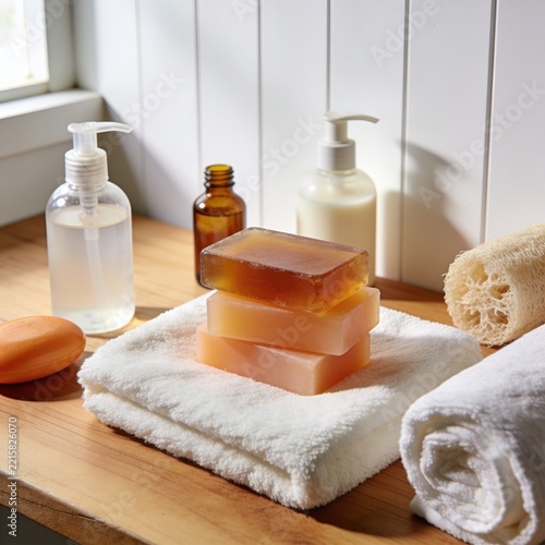 Natural soap bars with skincare bottles on wooden surface skincare bathroom