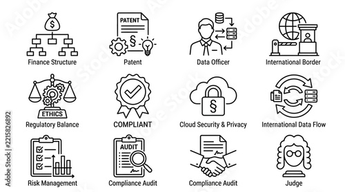 Professional vector icon set featuring business compliance legal and corporate governance symbols for modern data management and regulatory operational workflows
