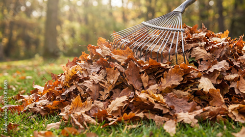 Garden rake gathering autumn leaves pile in a lush green yard  
