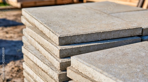 Stack of grey concrete pavers for landscaping project outdoors