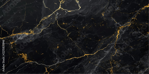 Abstract black marble with elegant gold and white veins, luxurious dark gray natural stone texture for background, wallpaper, flooring, interior design and decorative artwork