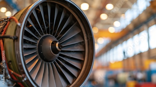 Close up of metal turbine blades of airplane jet engine in industrial hangar