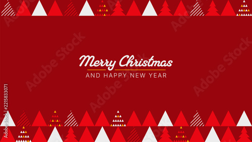 Christmas and New Year greeting card with geometric tree borders and festive lettering. Red holiday banner design. Seasonal celebration and winter holiday template. Vector illustration.