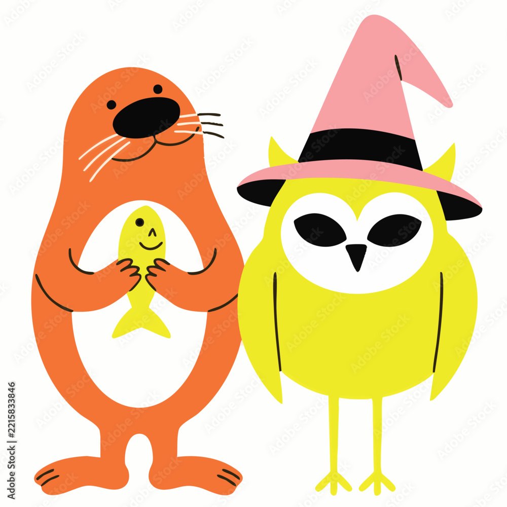 Fototapeta premium Cartoon Seal and Wise Owl Showdown
