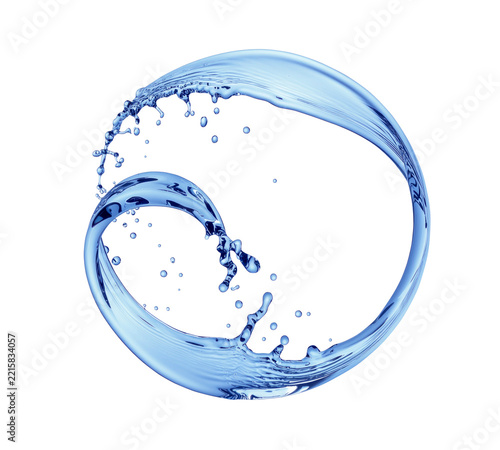 Dynamic water splash in a round circle shape with drops, isolated on white background. Generative AI