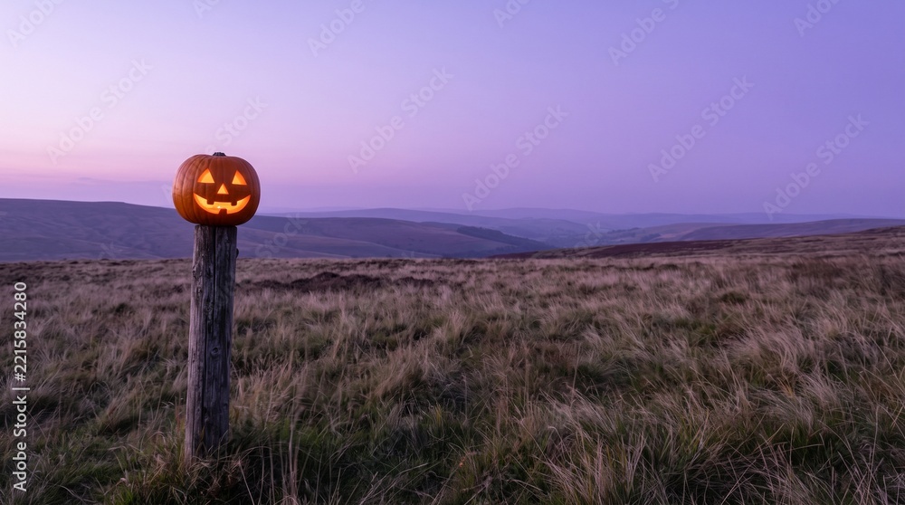 Obraz premium Single jack-o'-lantern on a weathered fence post on windy heath