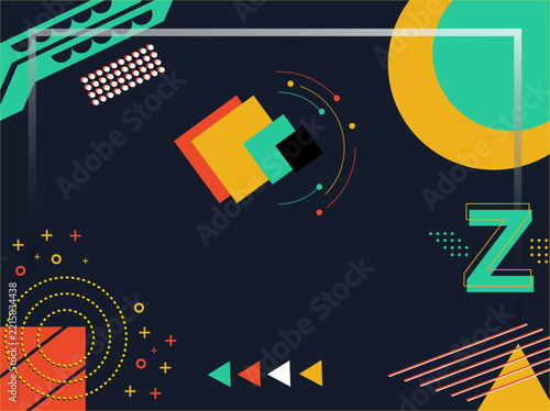 Modern abstract Memphis style vector background featuring colorful geometric shapes, squares, circles, and lines on a dark blue background.