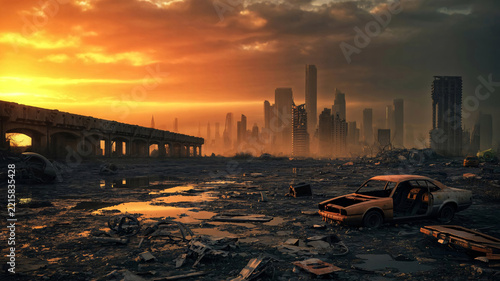 Post apocalyptic landscape of a ruined city with abandoned car wreckage under a dramatic sunset