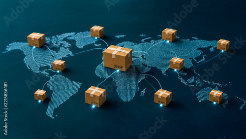 Cardboard boxes on a digital world map for global logistics
