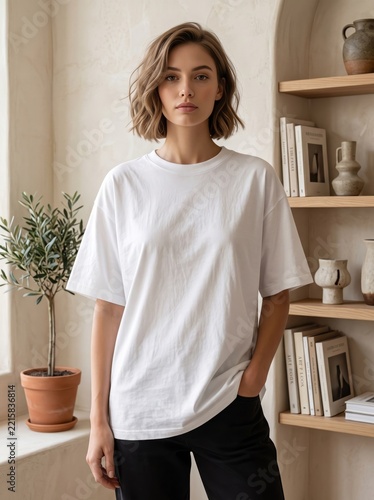 Woman wearing a white cotton t-shirt and black trousers standing in a bright minimalist room with wooden shelves and books.