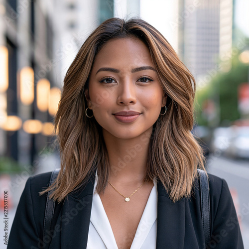 Confident Businesswoman in City: A stylish businesswoman with medium-length ombre hair, wearing a black blazer and a delicate necklace, stands confidently against a blurred urban background.