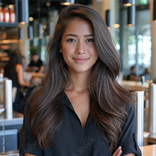 Beautiful Woman Smiling in Cafe: A stunning young woman with long, flowing brown hair and a warm smile looks directly at the camera, her arms crossed.