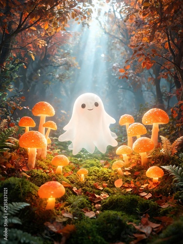 Friendly Ghost Among Glowing Mushrooms in an Enchanted Forest