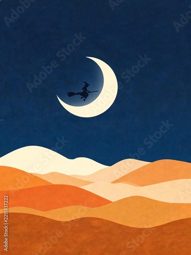 Witch Silhouette Flying Past a Crescent Moon over Orange Hills