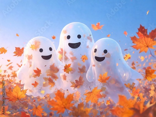 Three Smiling Ghosts Floating Among Colorful Autumn Leaves