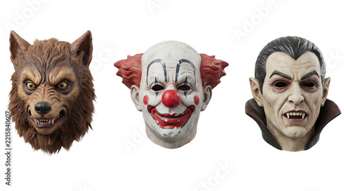 Halloween mask set containing werewolf, clown and vampire masks isolated on transparent background