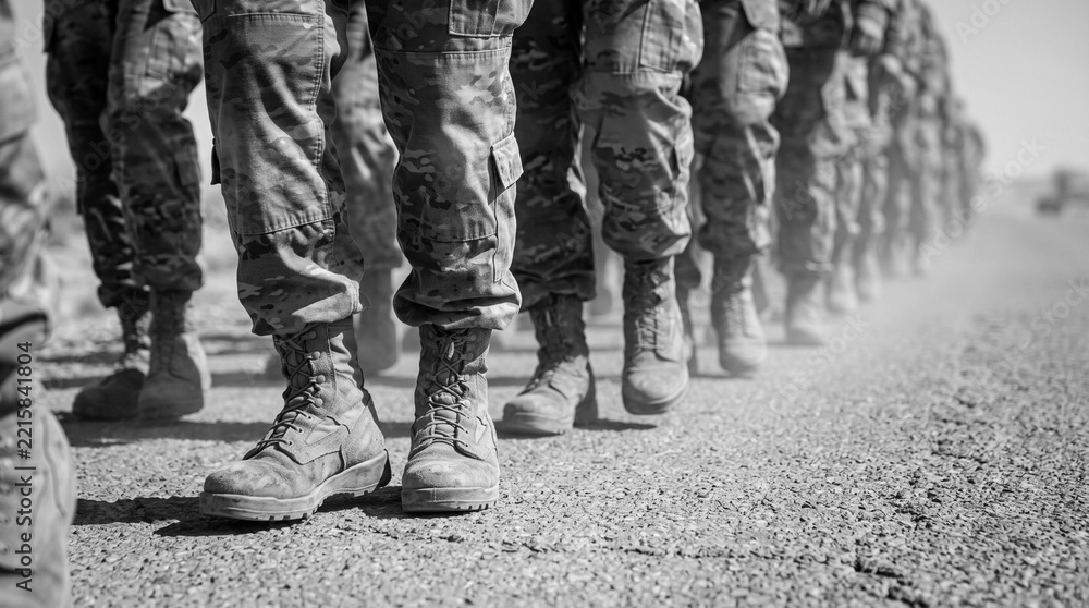Fototapeta premium Military personnel marching in boots wearing camouflage uniform on parade