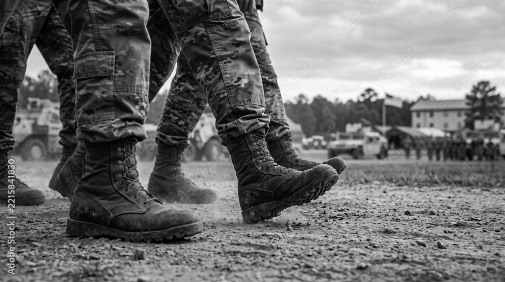 Fototapeta premium Military personnel marching in boots wearing camouflage uniform on parade