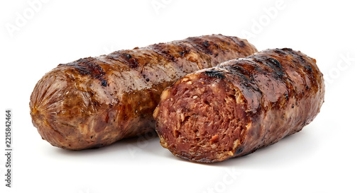 Bosnian sudžukice, two small short beef sausage links forming one comp Isolated on White Background
