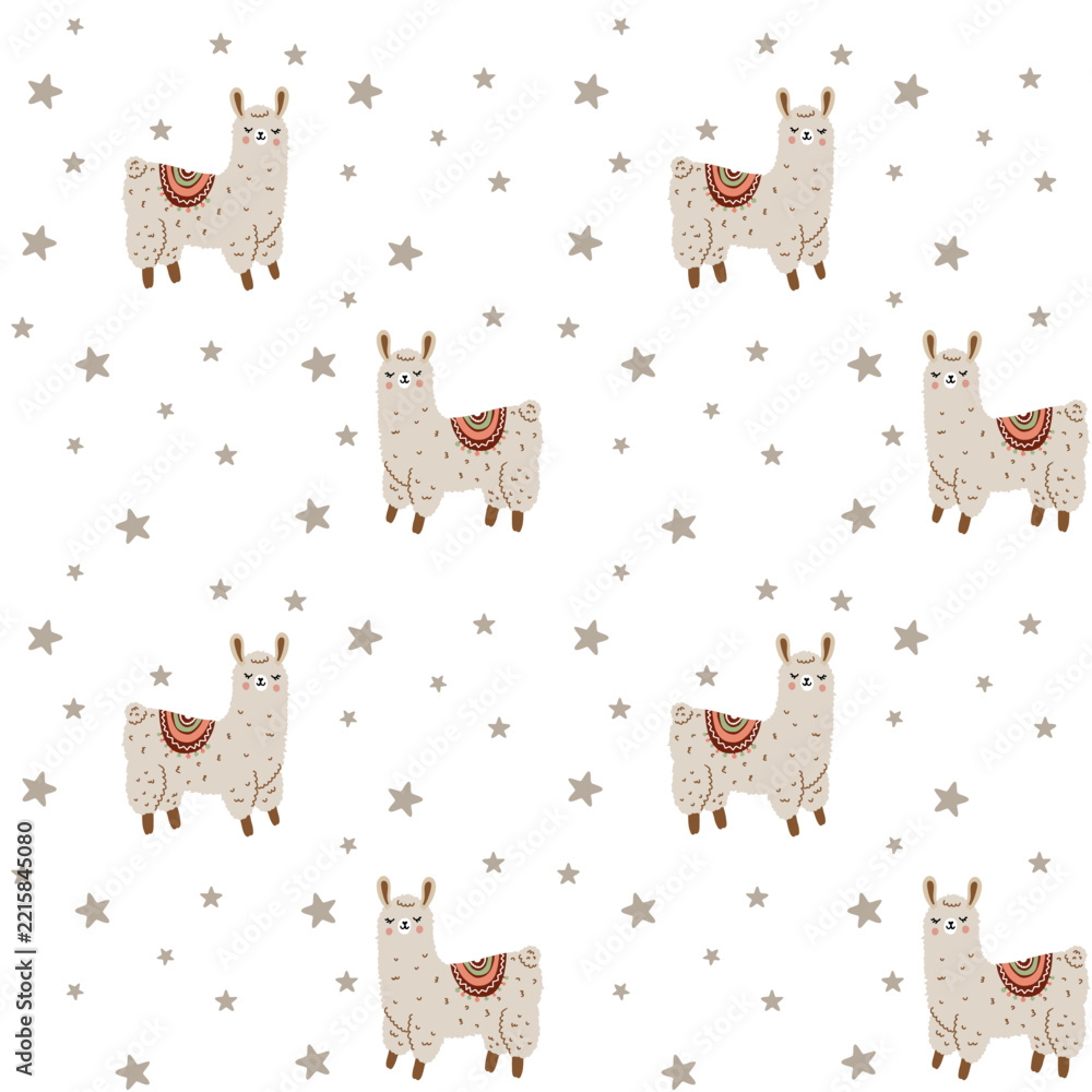 Fototapeta premium Seamless pattern with nice llama or alpaca with stars