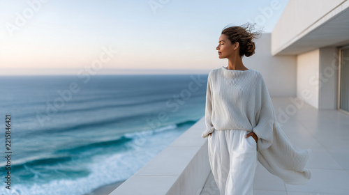 Sophisticated Woman on Sunlit Terrace Overlooking Horizon for Global Lifestyle Campaigns

