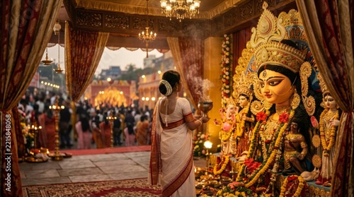 Durga puja celebration woman holding incense burner in traditional ceremony