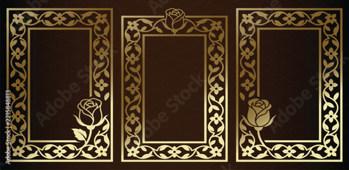 Set of three luxury vertical gold rose frames on dark patterned background.