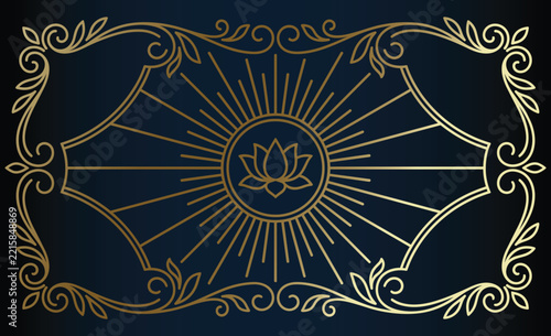Sunburst lotus frame with golden ornate floral swirls on dark blue background.