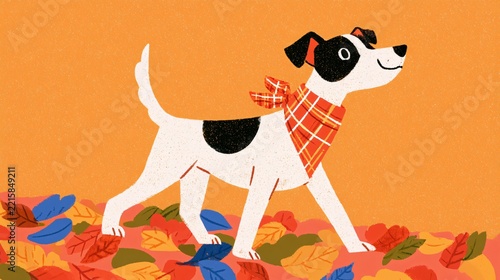 A dog walks on a bed of leaves with a scarf around its neck in autumn