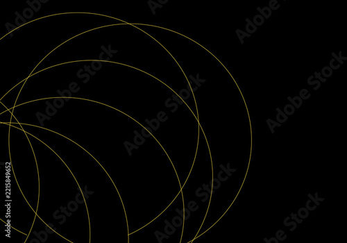 Abstract geometric design featuring multiple thin golden circular outlines overlapping and intersecting across a dark black background. Minimal elegant line pattern suitable for modern backgrounds.