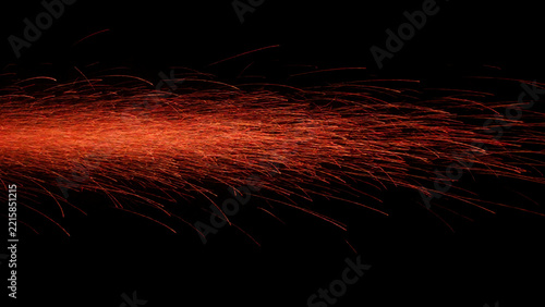 Dense band of red-orange sparks flying across black background